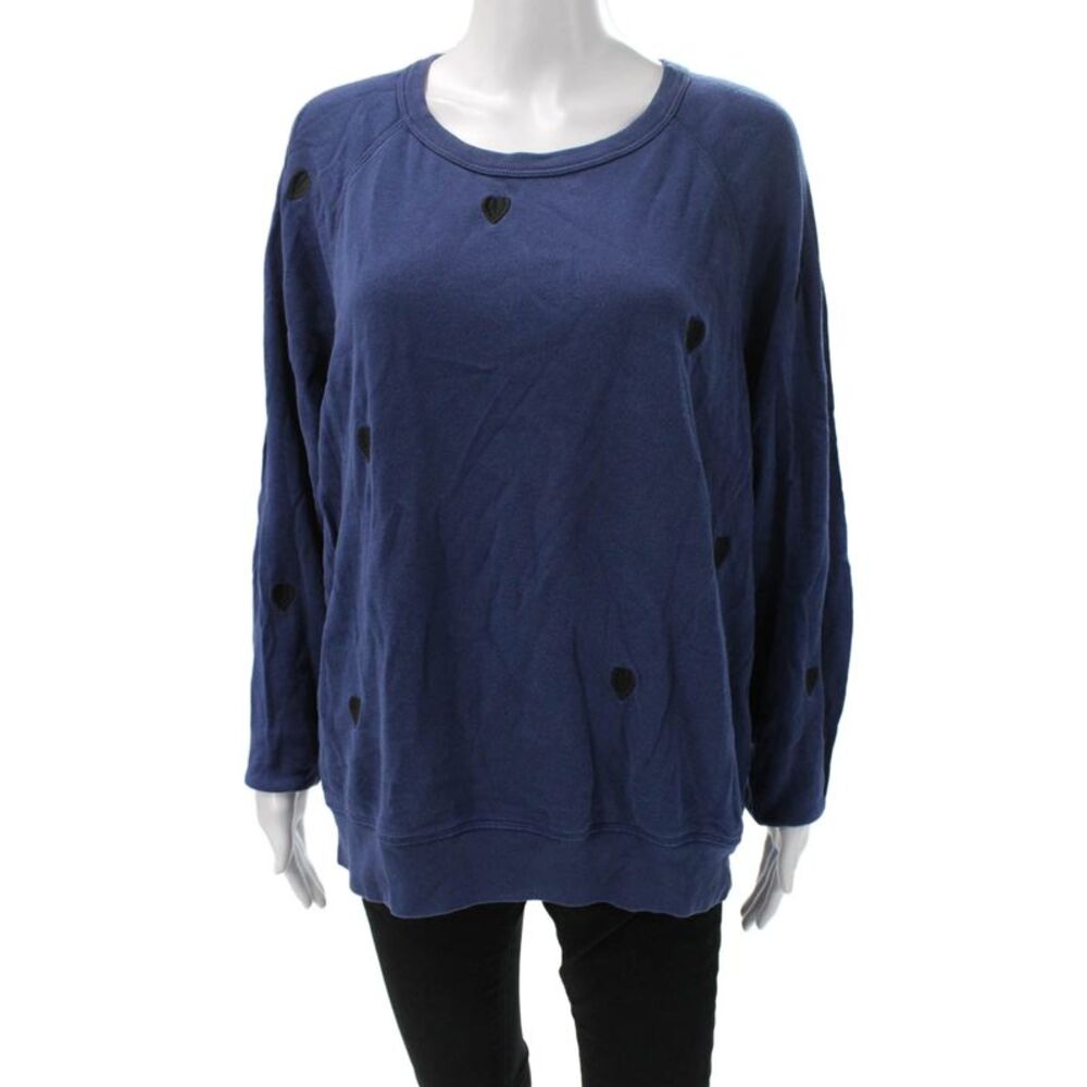 Leallo Women Blue Cotton Scoopneck Heart Pullover Sweatshirt Long Sleeve Size L